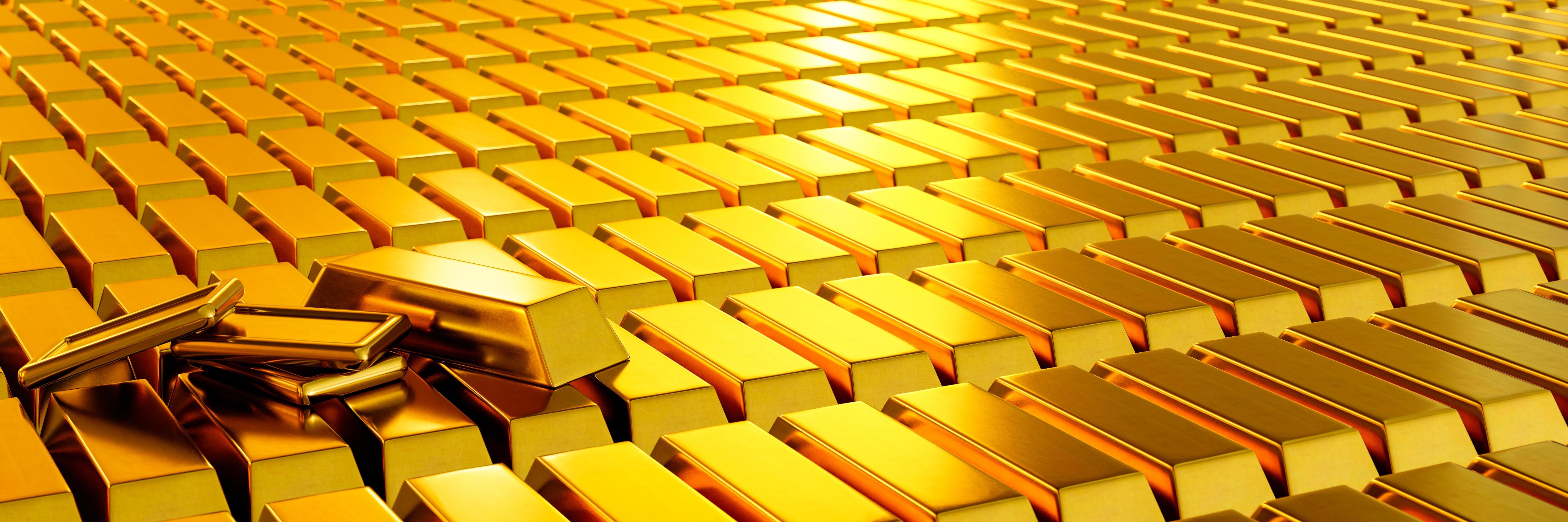 Lots of gold bars are arranged and arranged in a row. Conveys business