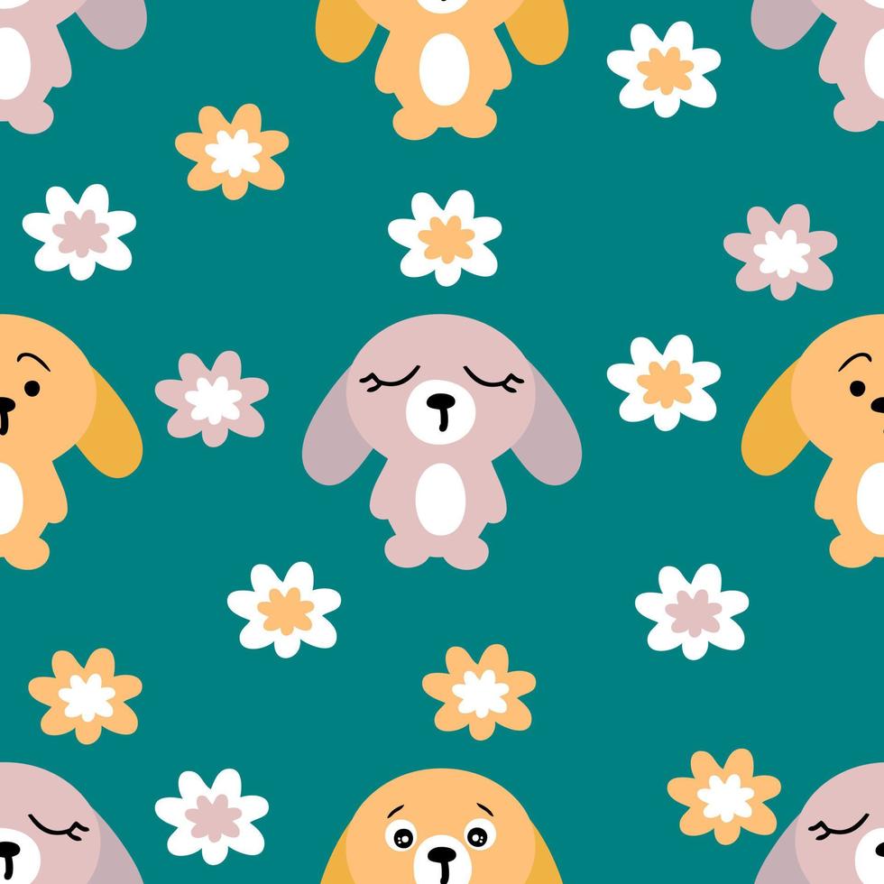 Hand drawn bunnies and flowers summer seamless pattern. vector