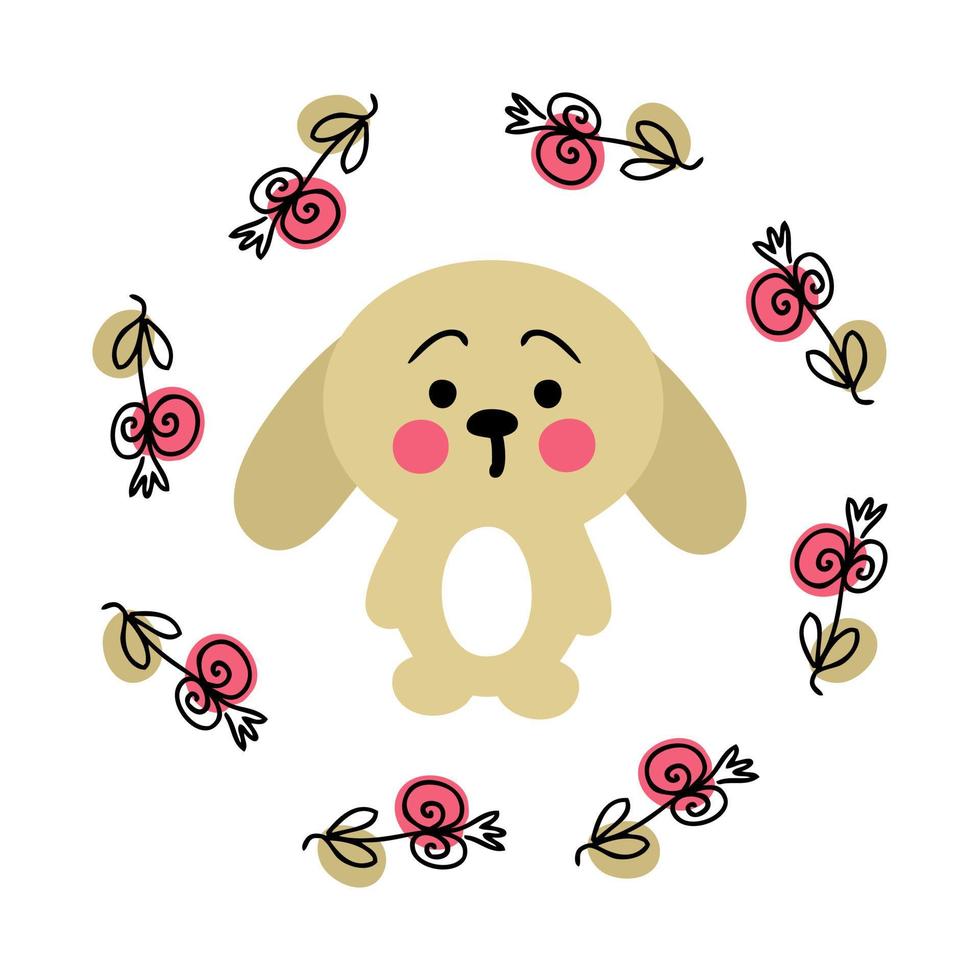 Hand drawn cute bunny in round flower frame. vector