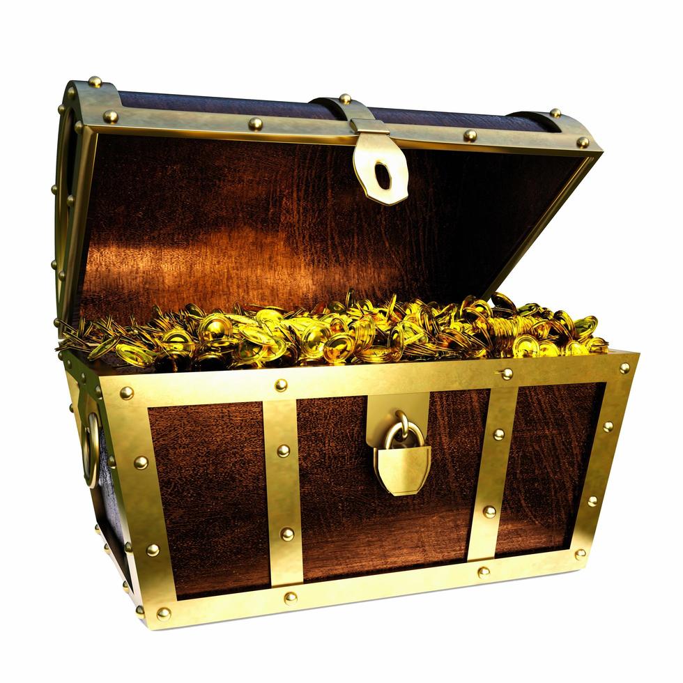 Numerous gold coins spilled out from the treasure chest. Old-style wooden treasure chest tightly assembled with rusted metal strips. 3D Rendering photo