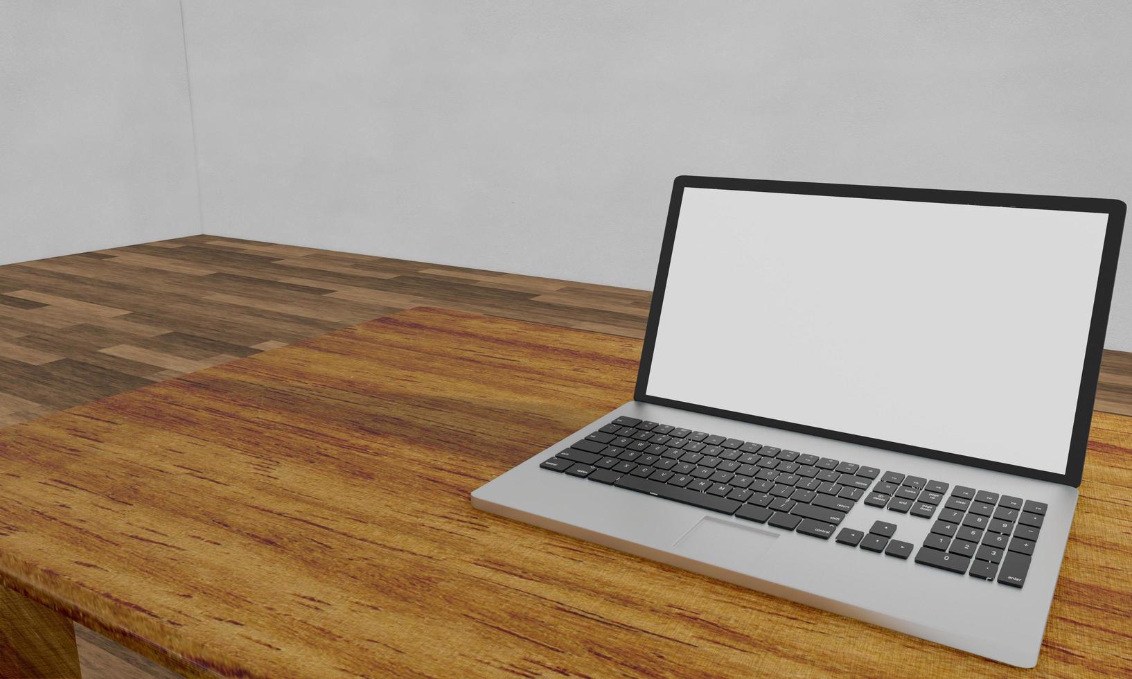 Computer Notebook or labtop white and blank screen on wooden surface table. White background or wallpaper. 3D Rendering. photo