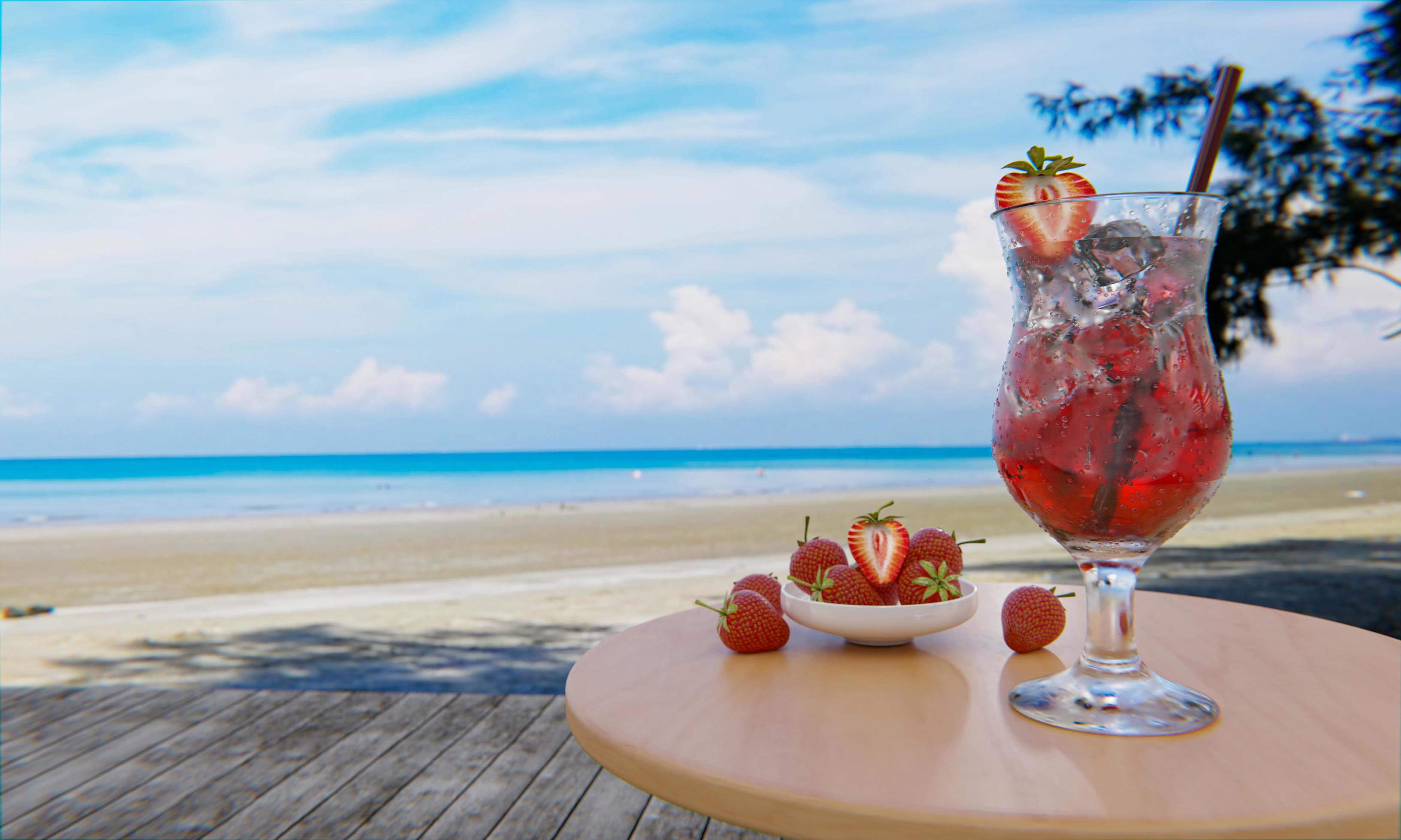el néctar de fresas sin alcohol con soda no mezcla alcohol. las fresas frescas en una taza de cerámica están en el desenfoque de fondo colocadas en una mesa de madera. el restaurante en la playa y el mar .3d renderizado foto