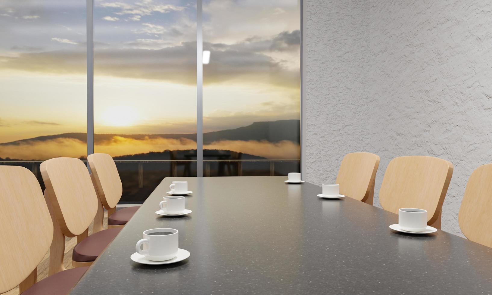 Coffee mugs laid on marble surface tables. And there is a wooden chair In the meeting room. White plaster walls, glass windows overlooking the mountains and morning mist with sunlight. 3D Rendering photo