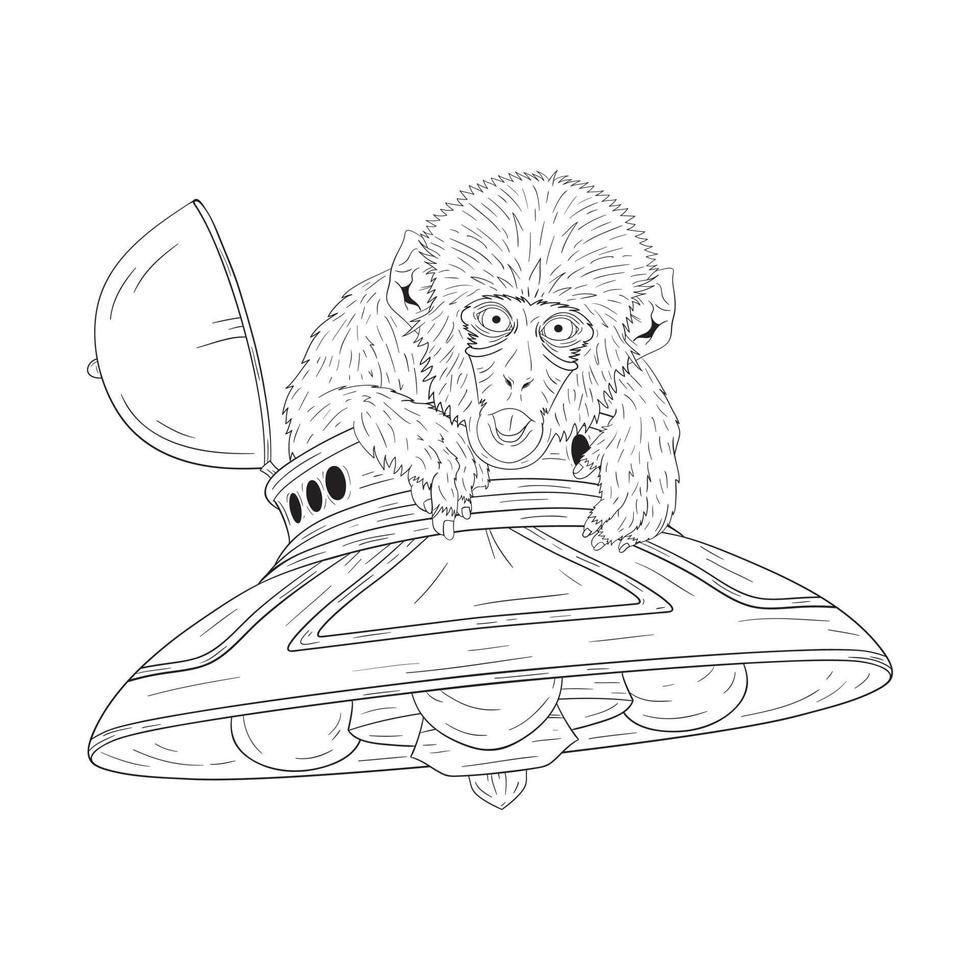 Illustration of alien monkey sticking out his tongue. Black and white outline vector