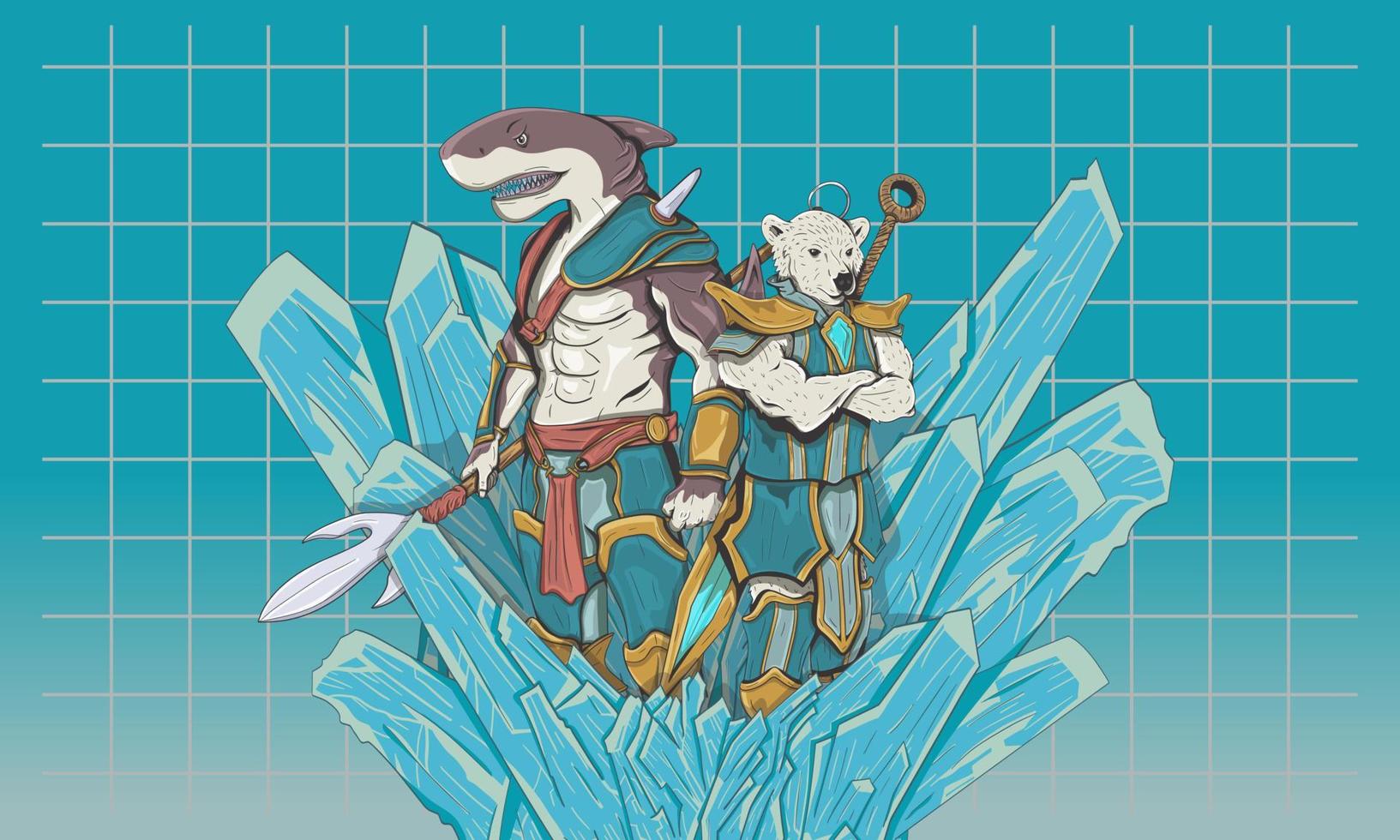 Great White Shark and Ice Bear Mutant Warriors on iceberg. Hand drawn sketch. Vector engraved illustration for Wallpaper, T-shirts, Mascot, Game or NFT