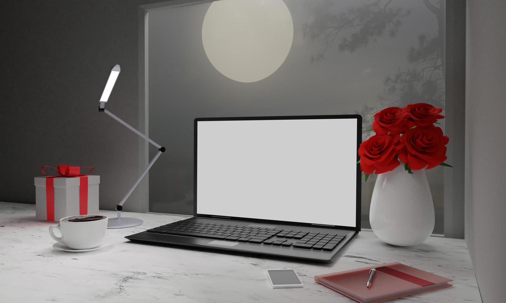 Computer Labtop white screen on wooden surface table. Black coffee in white mug. Red roses in white vase. Concept and copy space for  working desk. 3D Rendering. photo