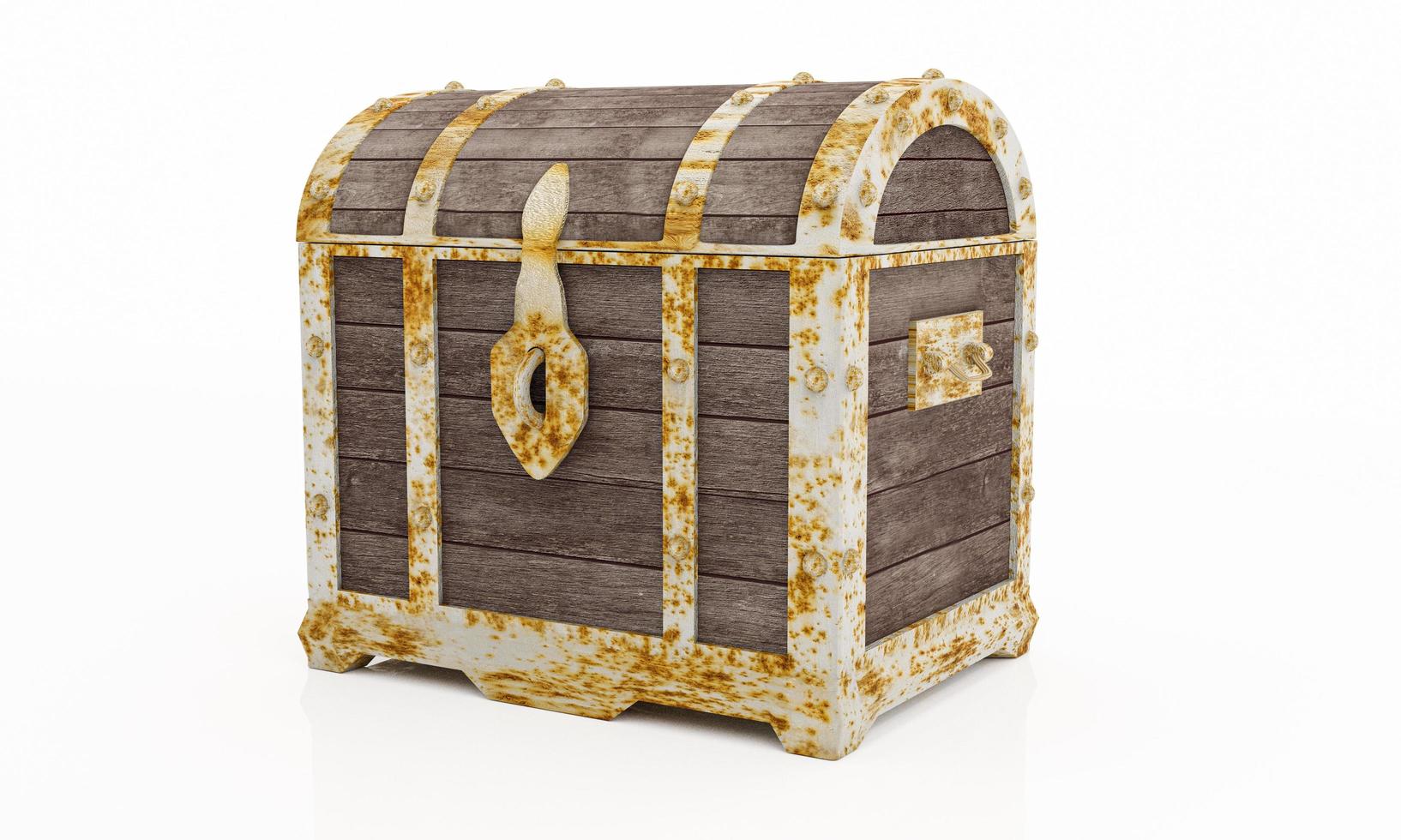 Rusty old treasure box or wooden treasure chest. Isolated on white background and wallpaper. 3D Render. photo