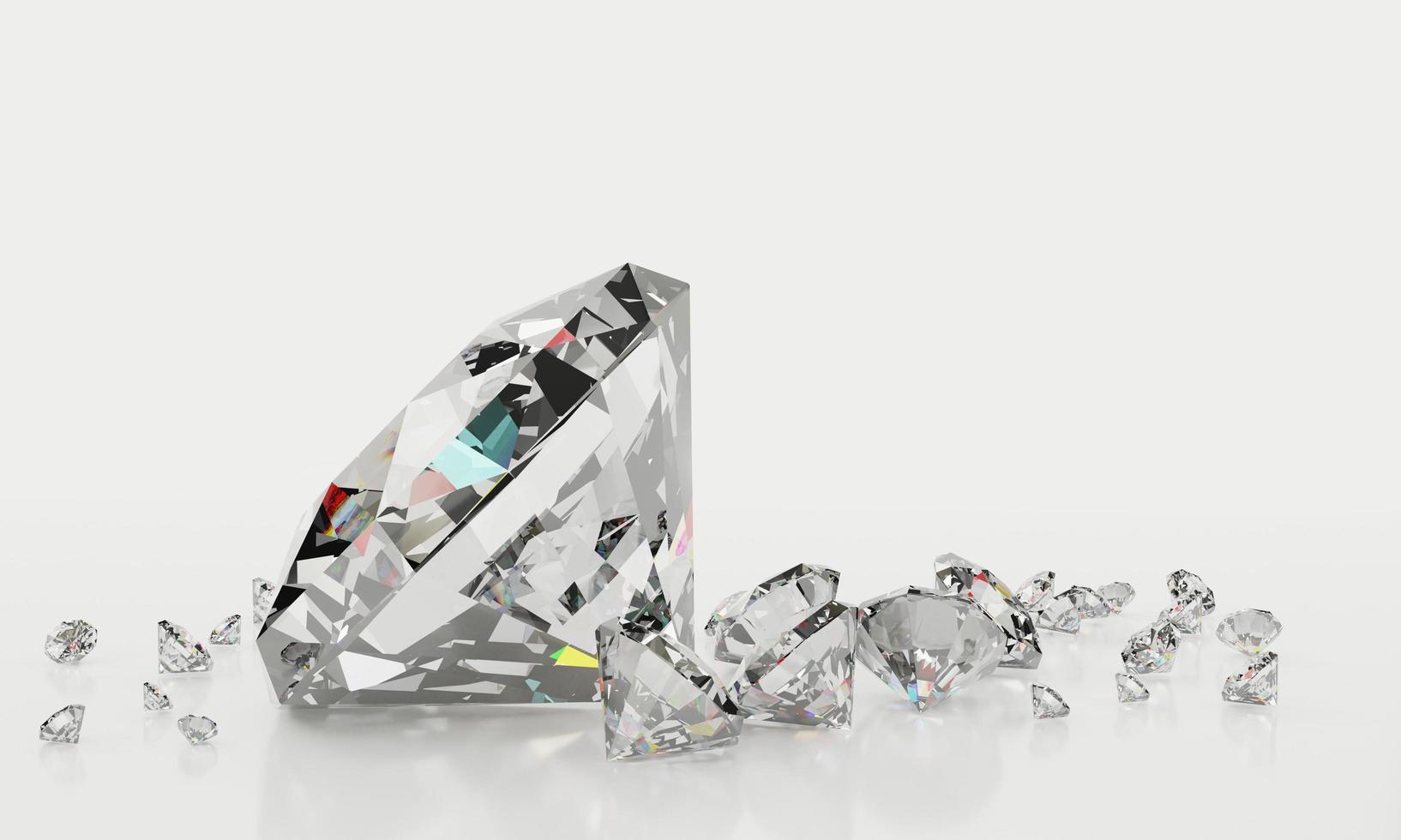 Many size Diamonds on  white background with Reflection on surface. 3D Rendering. photo