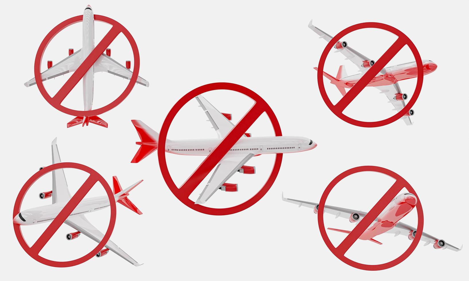 The red prohibition sign on the white passenger plane with red stripes at various angles On a white background Used as a symbol or wallpaper background. 3D rendering photo