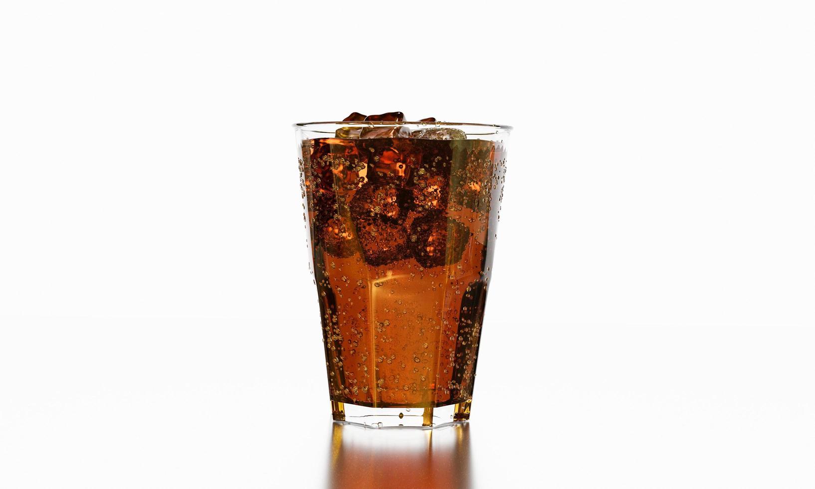 Cola glass with ice cubes on a white background and reflection. cola with crushed ice in glass and there is water droplets around. cool black fresh drink. 3D rendering. photo