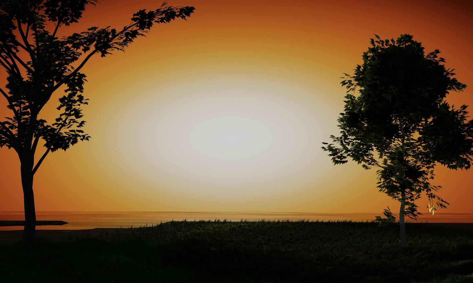 Silhouette of a big tree on the grass. Background in bright orange white tones representing the evening sun. 3D Rendering photo