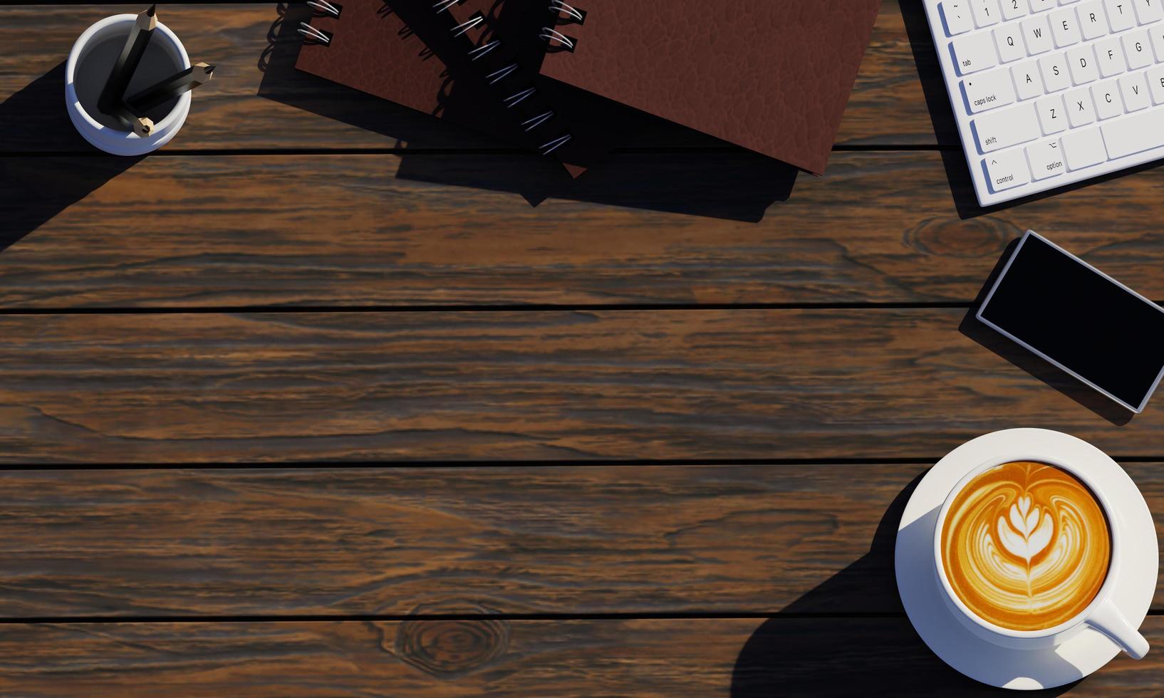 The office desk has items such as keyboards, books, Latte art coffee mugs, and smartphones. The Notebook is made of gray imitation leather. Punched leather book cover on the spine. 3D Rendering photo
