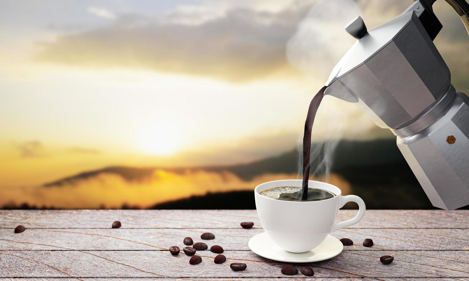 Pour freshly brewed coffee or espresso from the Mocha Pot into a white coffee mug. Hot coffee in a mug placed on the tabletop or wooden balcony. Morning mountain view, morning sunshine. 3D Rendering photo