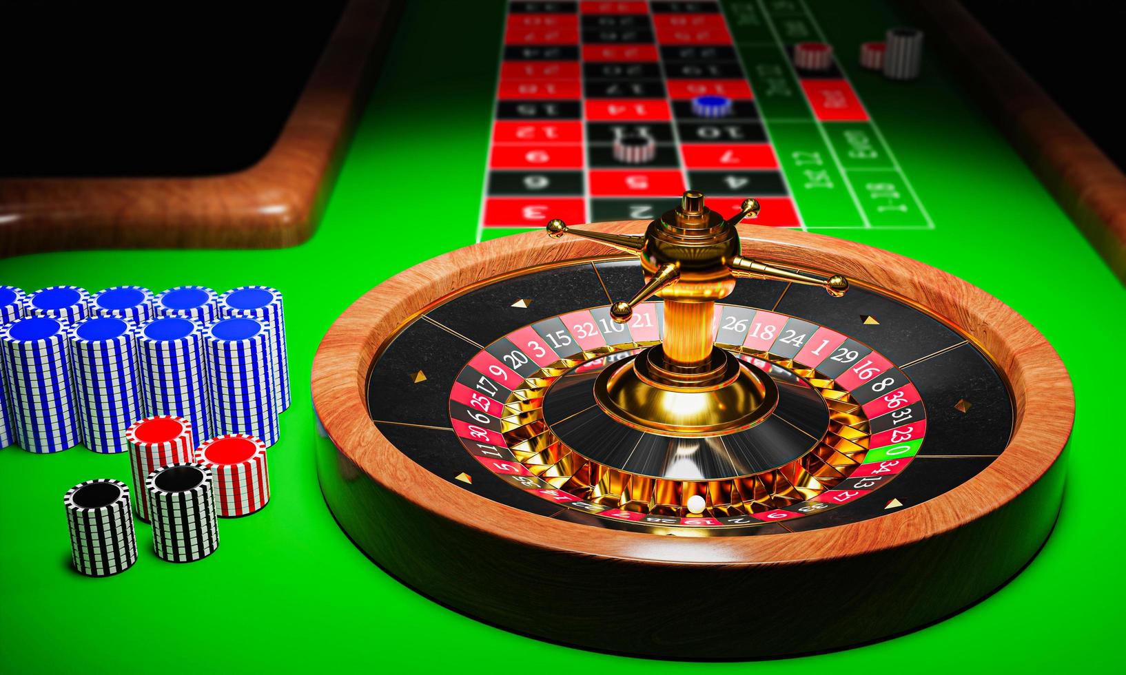 Gambling equipment in roulette type casinos. Competitive games Bet in the casino. Table for gambling called Roulette. 3D Rendering photo