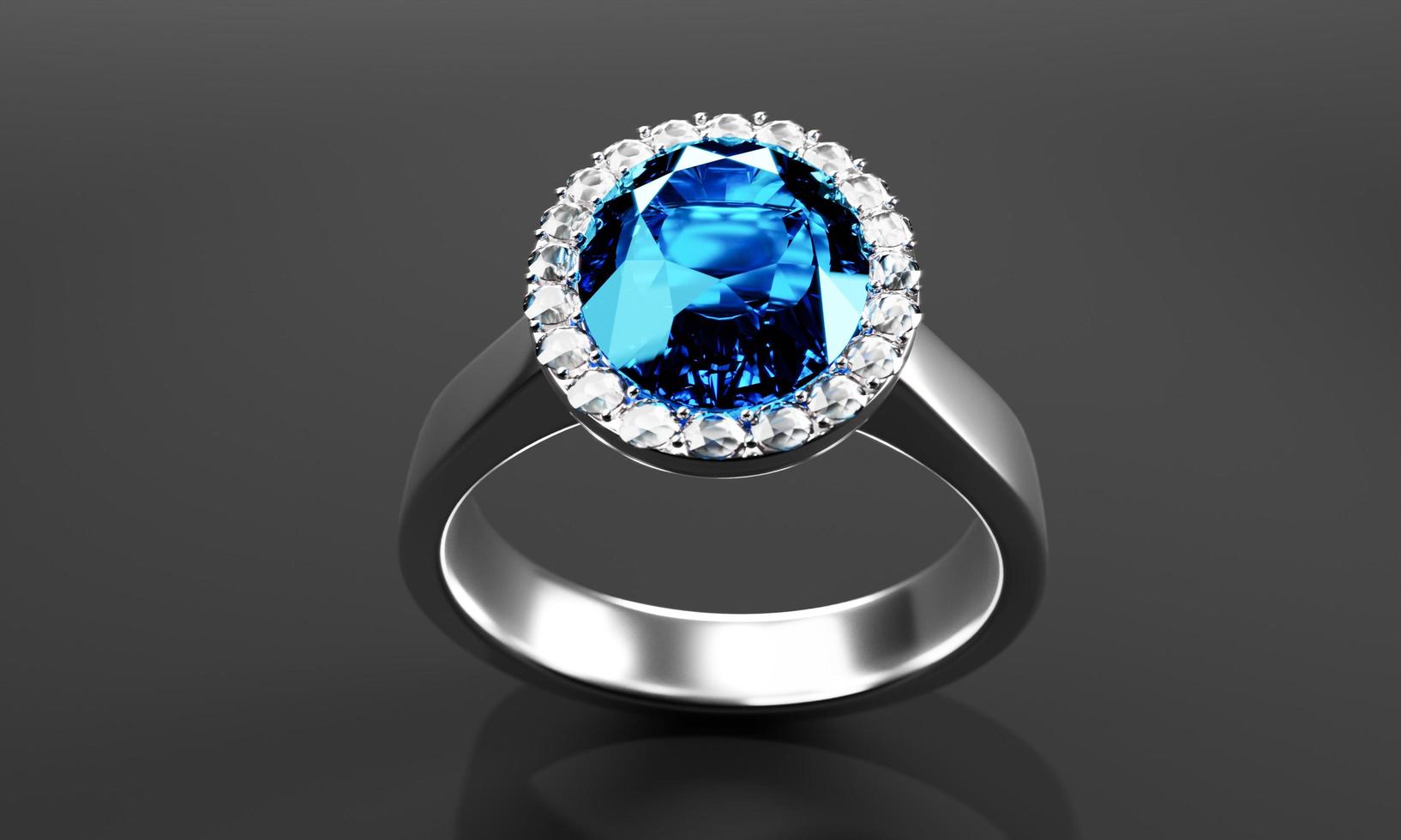 The large oval blue diamond is surrounded by many diamonds on the ring made of platinum gold placed on gray background. 3d rendering photo