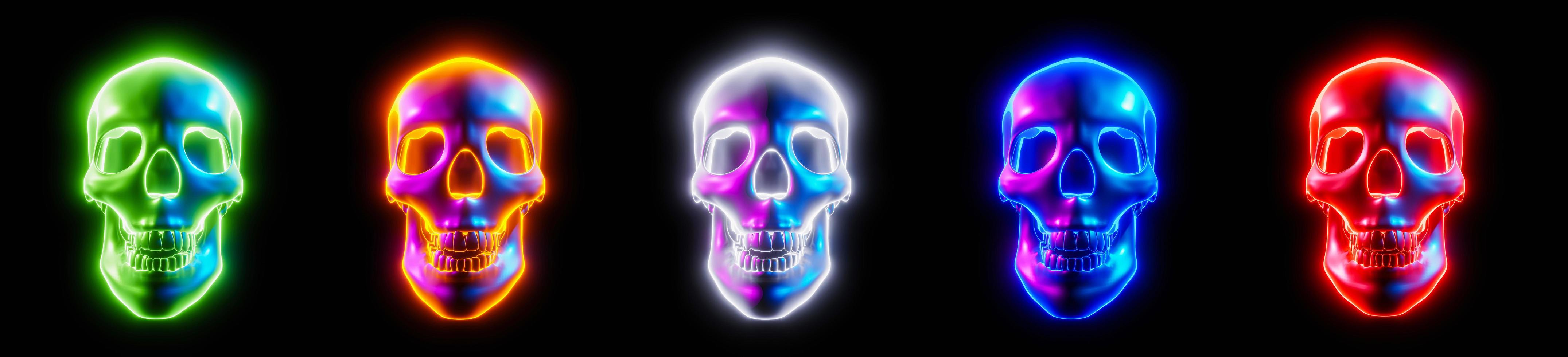 Glowing skull, multicolored, light tones of Cyberpunk or science fiction or sci-fi movie on black background. 3D Rendering. photo