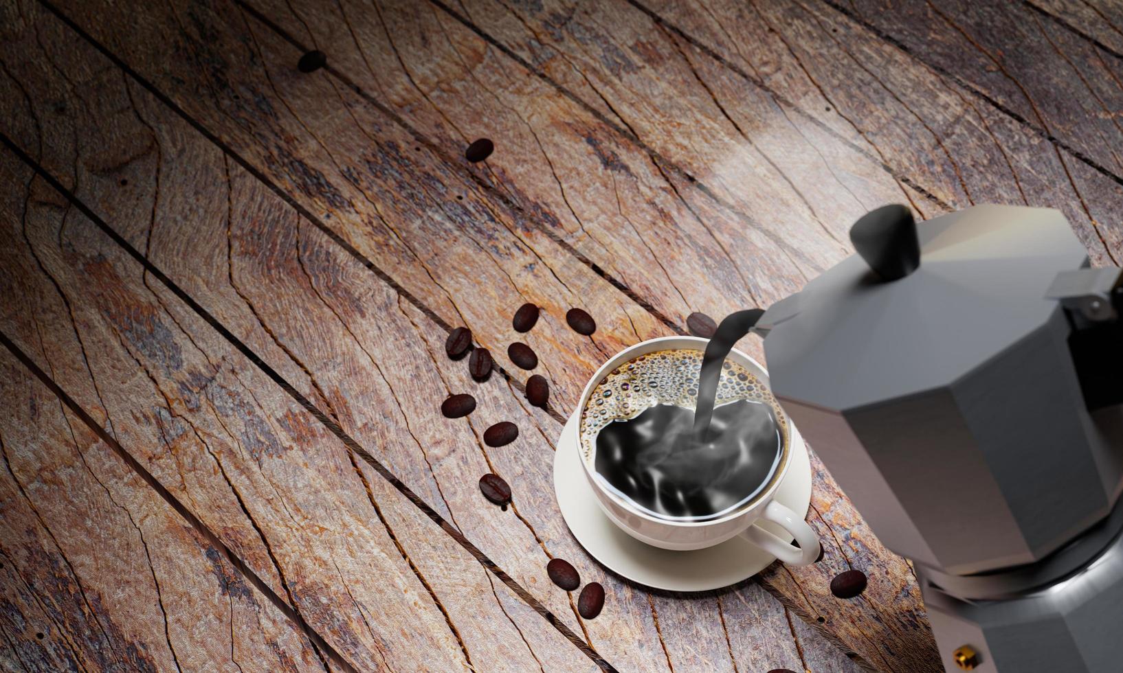 Pour freshly brewed coffee or espresso from the Mocha Pot into a white coffee mug. Hot coffee in a mug placed on the tabletop or wooden balcony. Coffee seeds drop on wooden surface. 3D Rendering photo