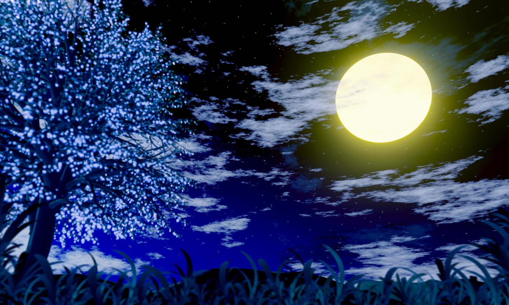 The golden, full moon shone brightly, with many stars in the sky and a few white clouds passing by. Natural scenery, meadows and mountains at night. 3D rendering photo