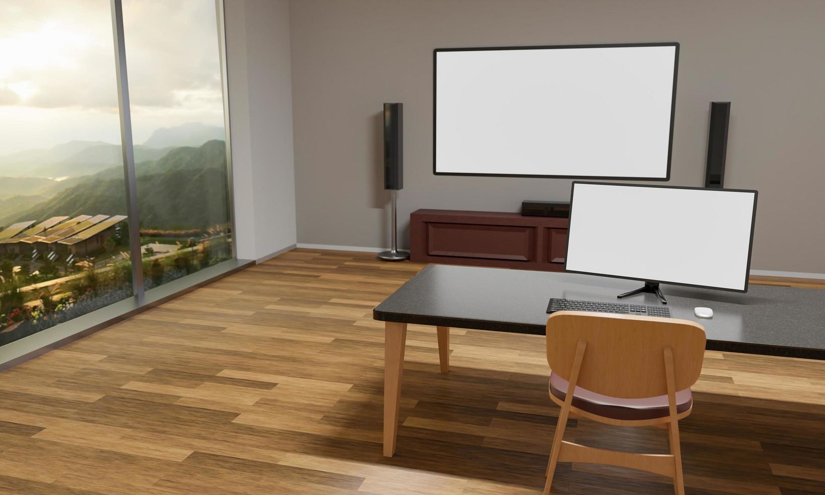 monitor de tv pantalla blanca en blanco y altavoces de cine en casa computadora de escritorio la pantalla es blanca en blanco. el suelo es de parquet y ventanas de cristal con vistas a la montaña y la luz del sol de la mañana. representación 3d foto