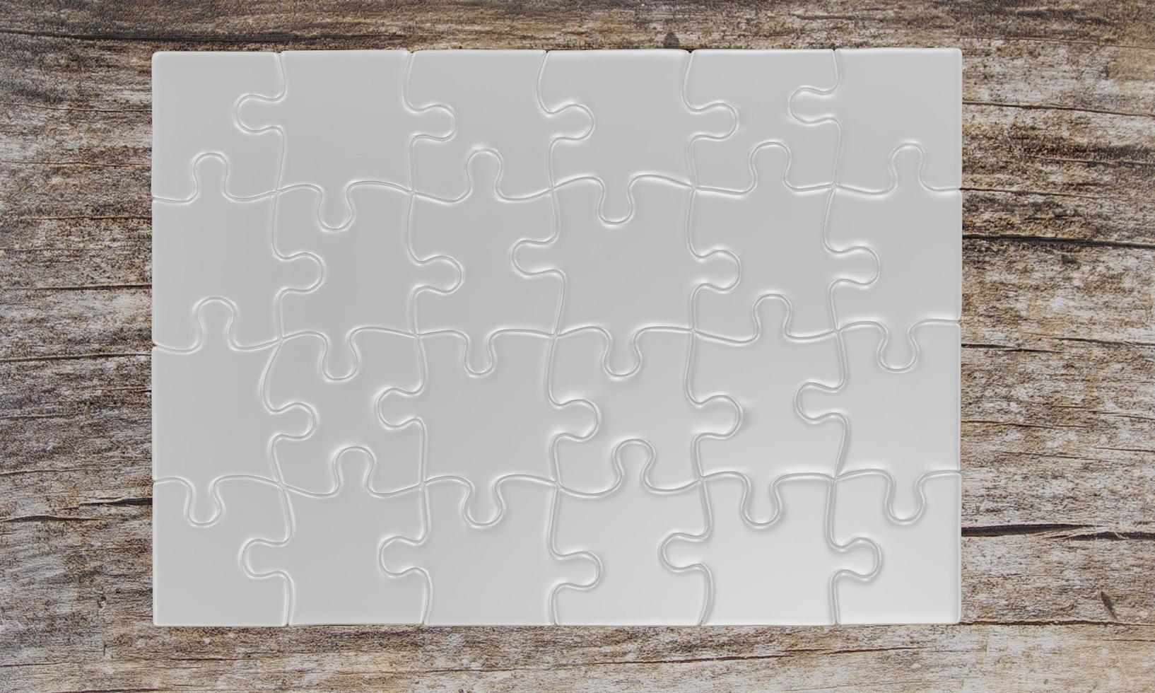 white blank jigsaw puzzle with shadows on a wood floor with cracks. 3D Rendering photo