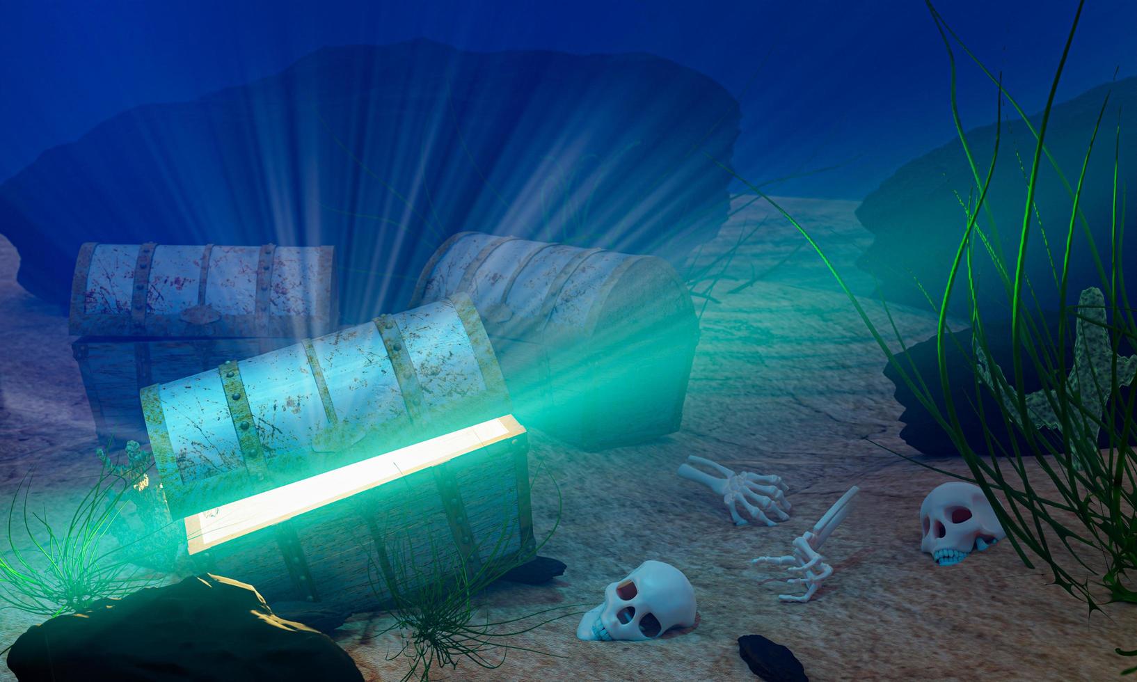 el viejo cofre del tesoro hundido bajo el mar. la luz brilló fuera del cofre del tesoro. bajo la atmósfera del mar, hay rocas, arena y cofres del tesoro enterrados. representación 3d foto