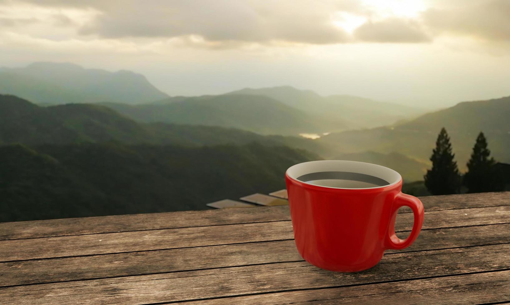 Black coffee in red cup on wooden table  mountain view in the morning. 3D Rendering photo