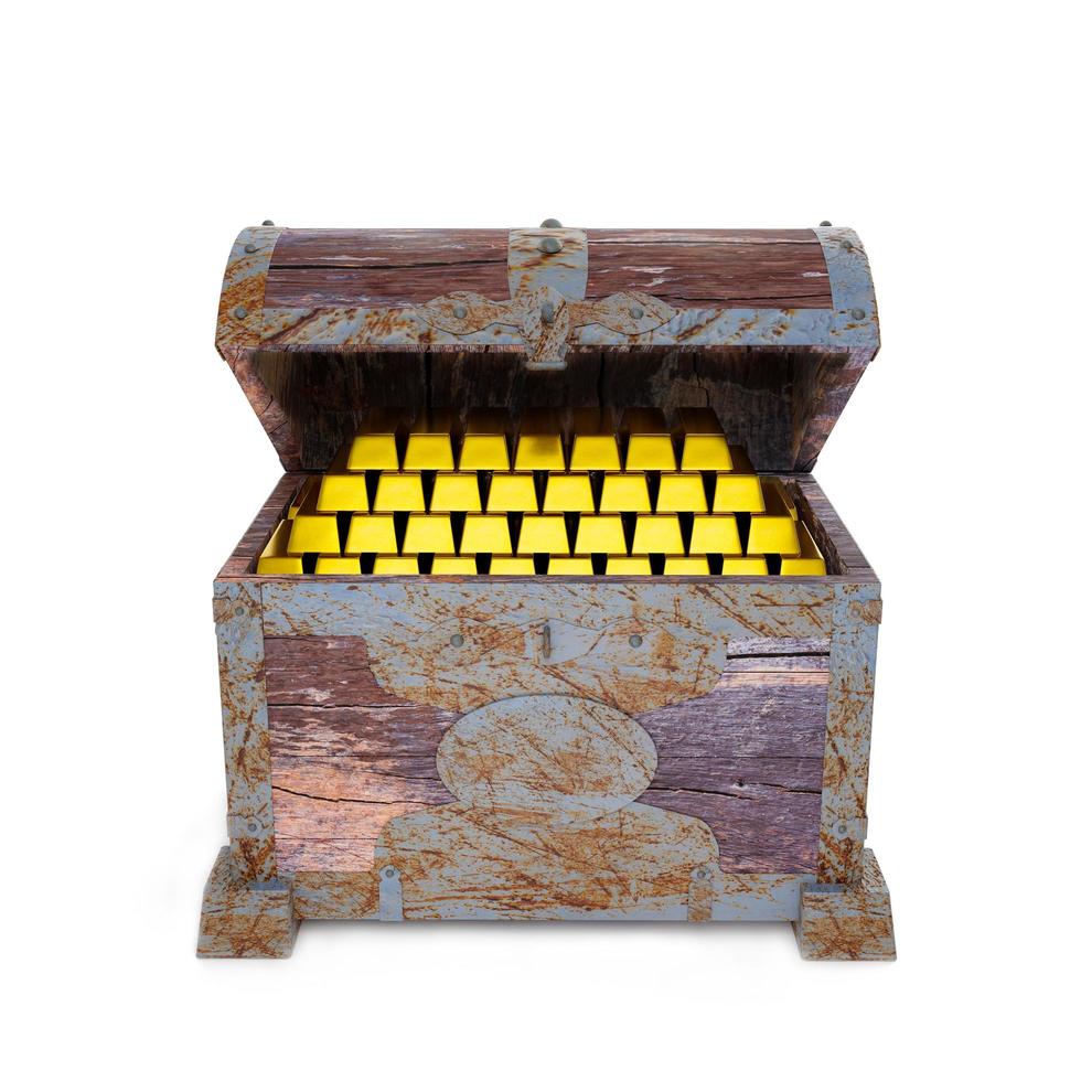 Gold bar in Old broken vintage pirate treasure chest. Rotten and broken. Storing valuables Made of cracked wood And rusted metal texture Isolated on white background and wallpaper.3D Rendering. photo