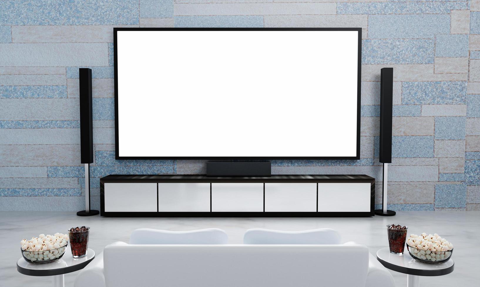 papel tapiz de patrón de mármol de ladrillo de cine en casa sin personas. tv de pantalla y equipo de audio para mini cine en casa. sofá cama blanco suelo de mármol. vaso transparente de cola y cubitos de hielo con palomitas de maíz. representación 3d foto