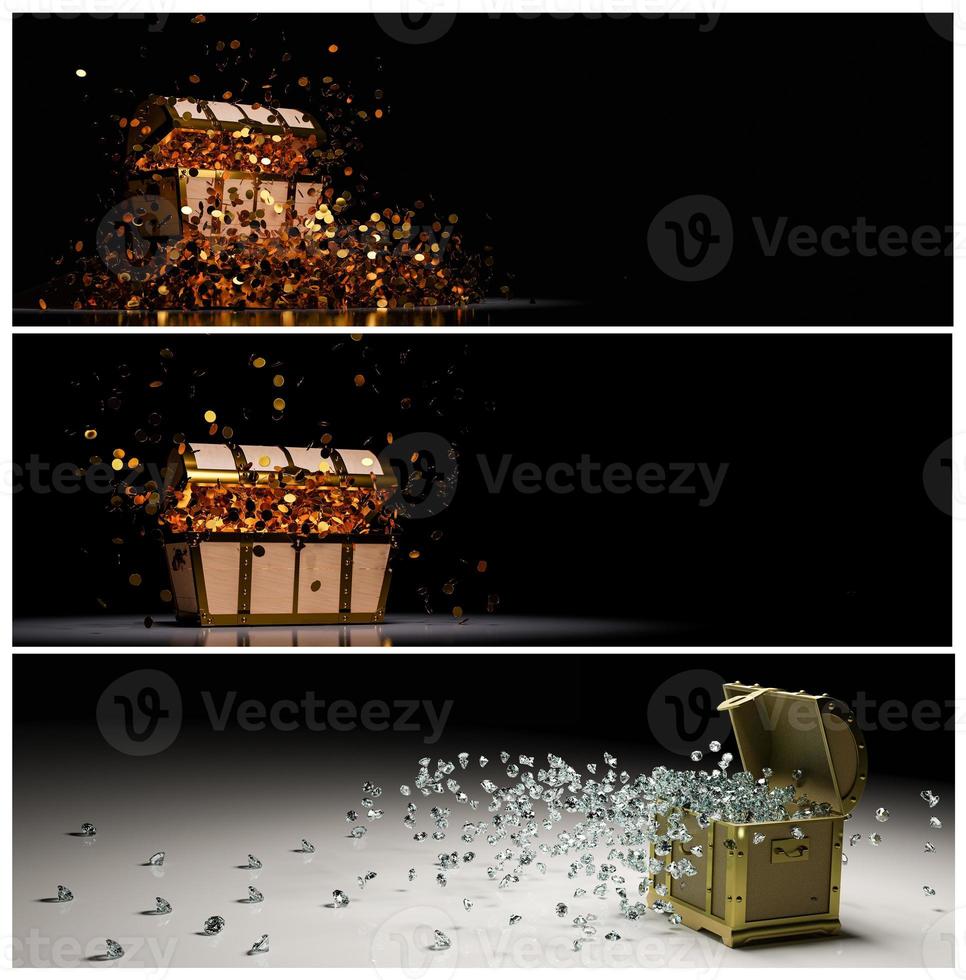 Set of Numerous gold coins spilled out from the treasure chest. Old-style wooden treasure chest tightly assembled with rusted metal strips. 3D Rendering photo