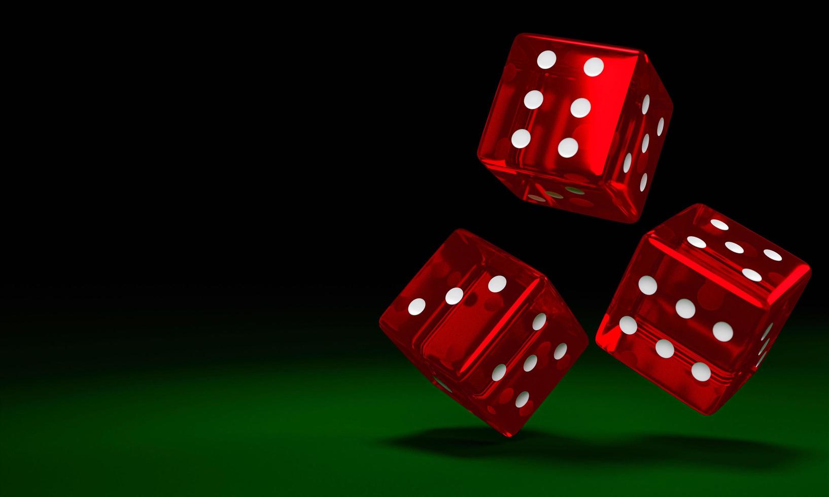 Transparent red dice are falling on the green felt table. The concept of dice gambling in casinos. 3D Rendering photo