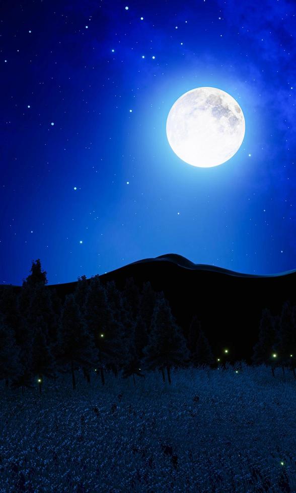 Wide grasslands with pine trees and mountains alternate in background. Full moon night bright stars are filling the sky. Night mountain scenery with fireflies flying above the ground. 3D Rendering photo