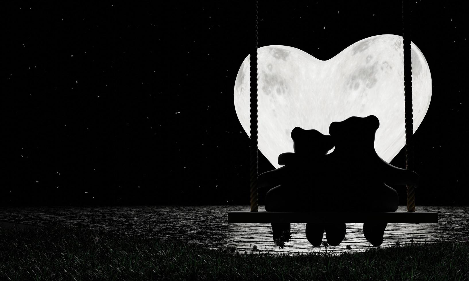 Silhouette Lovers Teddy Bears Hugging And Sitting On Swings heart shape Full moon night Many stars in the sky There is a reflection in the sea. The romantic of lovers Valentine Theme. 3D Rendering photo