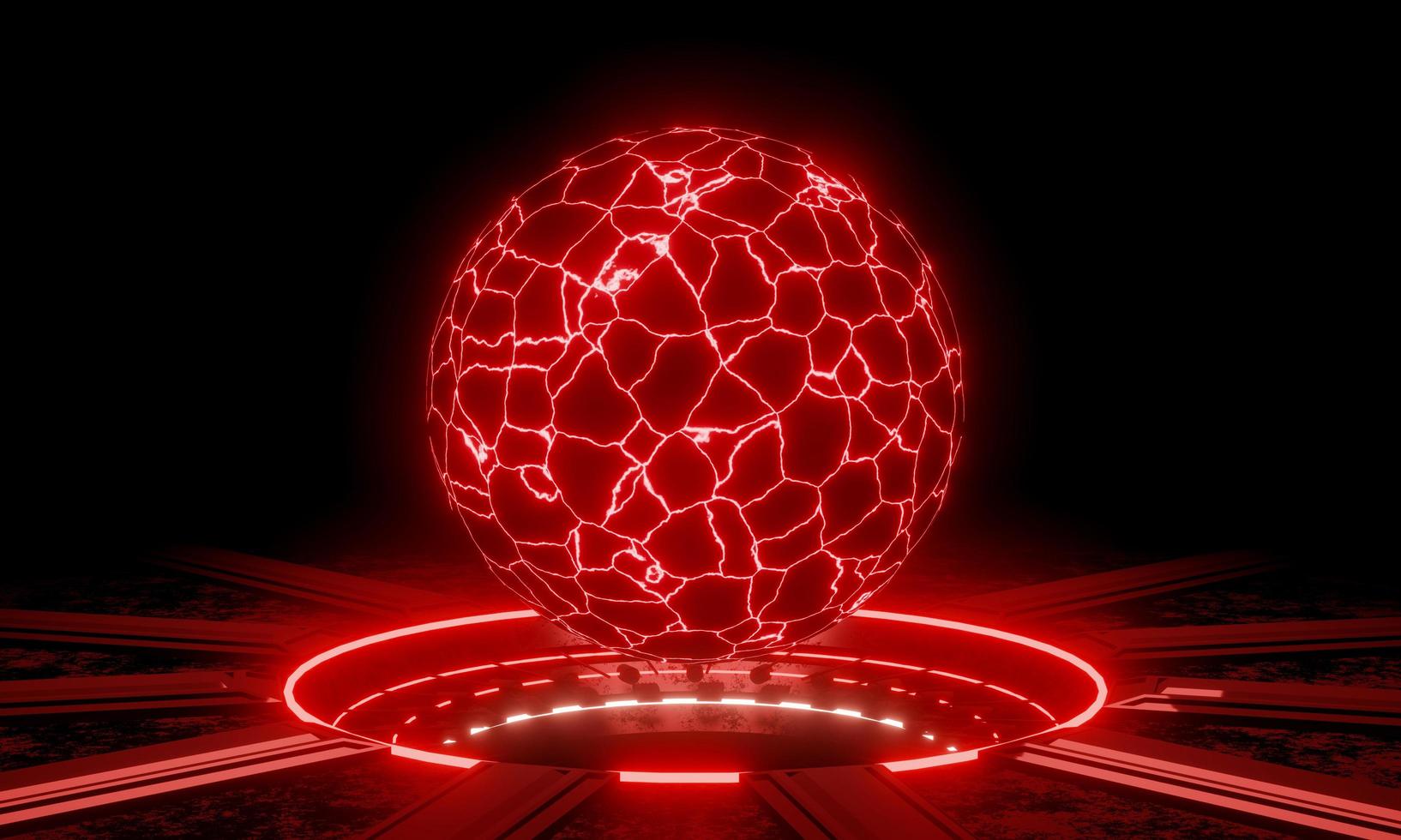 The charging station, red glow technology, metal base with rust stains, dark background, and black . The energy cube has electric spark. 3D Rendering photo