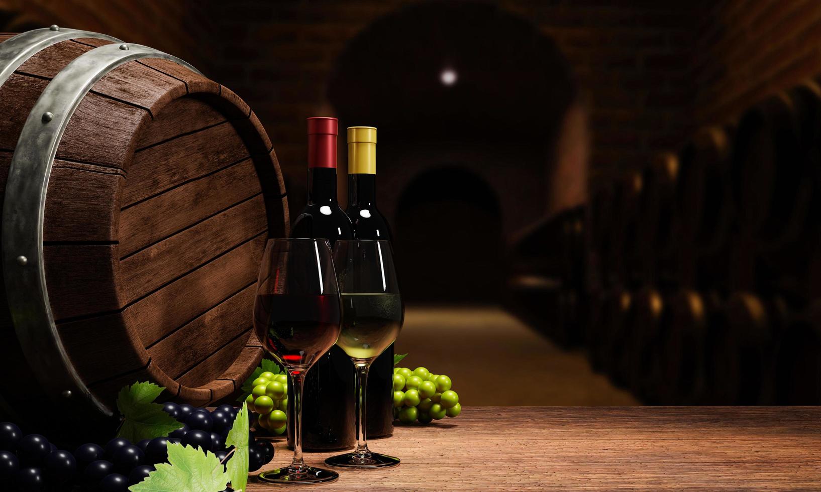 Red wine and white wine in a glass of wine Wooden tabletop There is a wine cellar on the table and red and green grapes. The background is an underground wine cellar. 3D Rendering photo