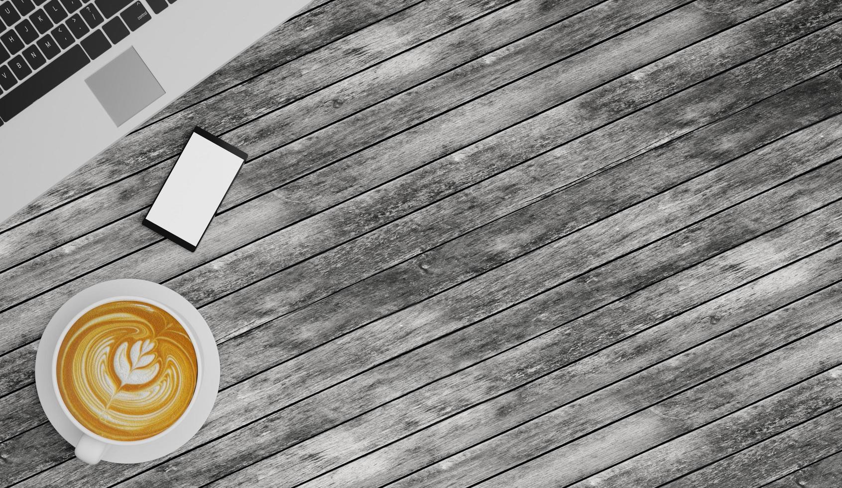 Wooden surface and plank desk table with laptop computer, cup of latte art coffee and smartphone. Top view with copy space, flat lay. 3D Rendering. photo