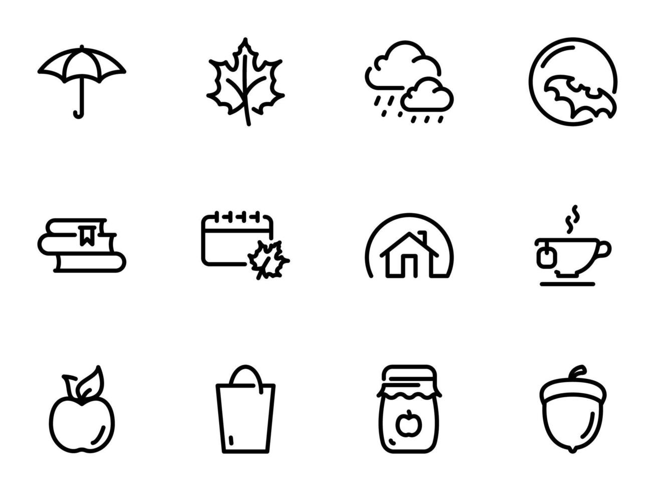 Set of black vector icons, isolated against white background. Illustration on a theme Autumn