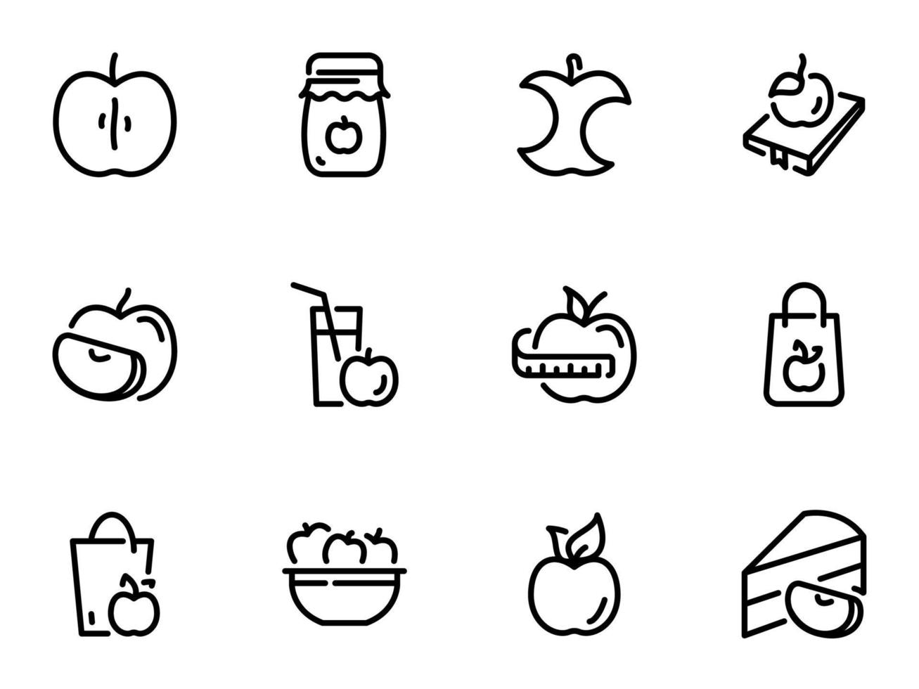 conjunto de iconos de vector negro, aislado sobre fondo blanco. ilustración sobre un tema manzanas