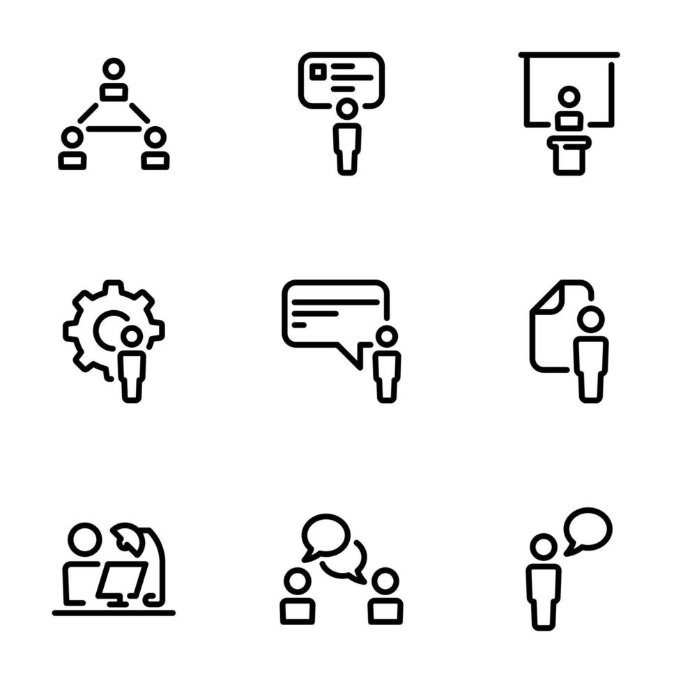 conjunto de iconos vectoriales negros, aislados en fondo blanco, sobre personas temáticas de trabajo intelectual vector