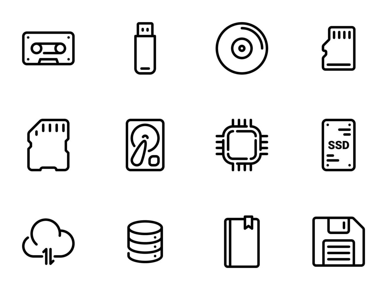 conjunto de iconos vectoriales negros, aislados en fondo blanco, en el almacenamiento de datos temáticos vector