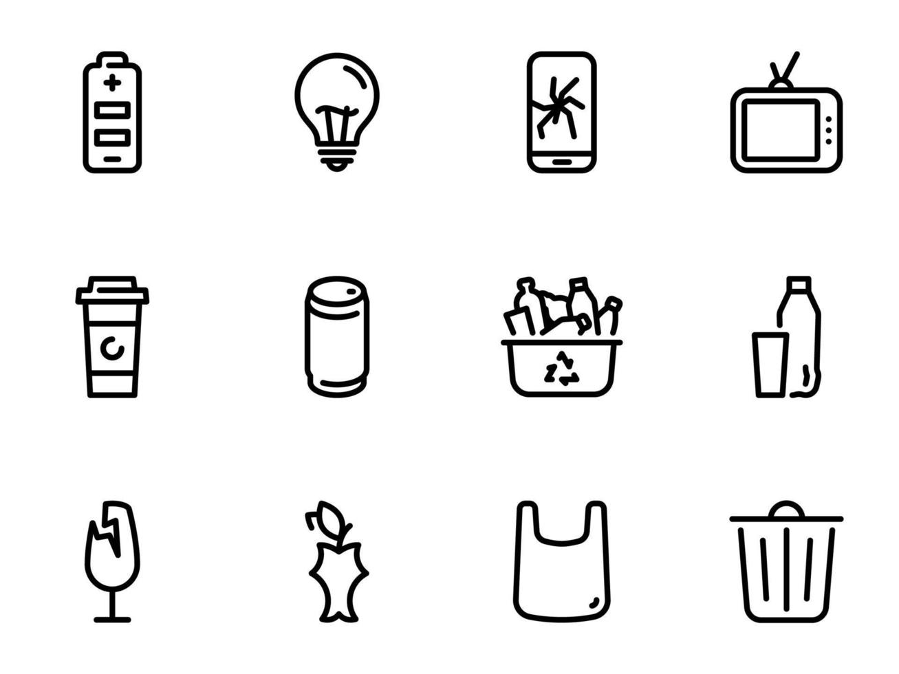 Set of black vector icons, isolated on white background, on theme Separation of domestic waste and waste sorting