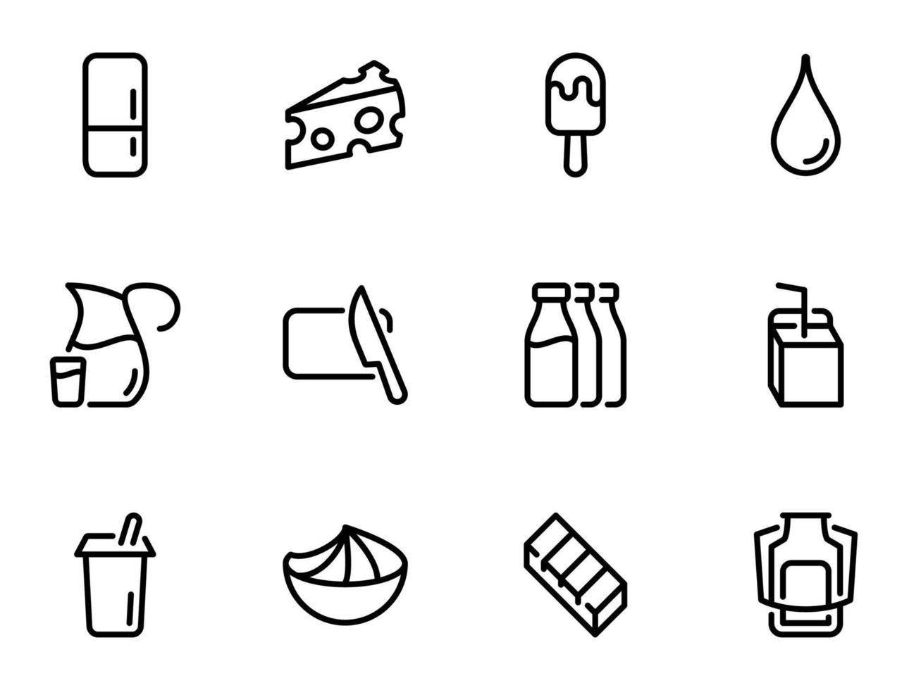 Set of black vector icons, isolated on white background, on theme Dairy products, variety and storage