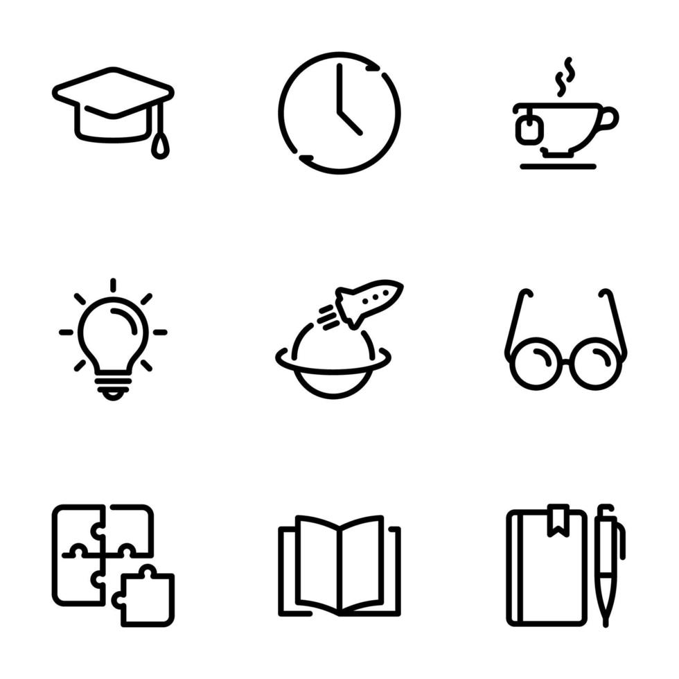 Set of black vector icons, isolated on white background, on theme Teaching and reading books