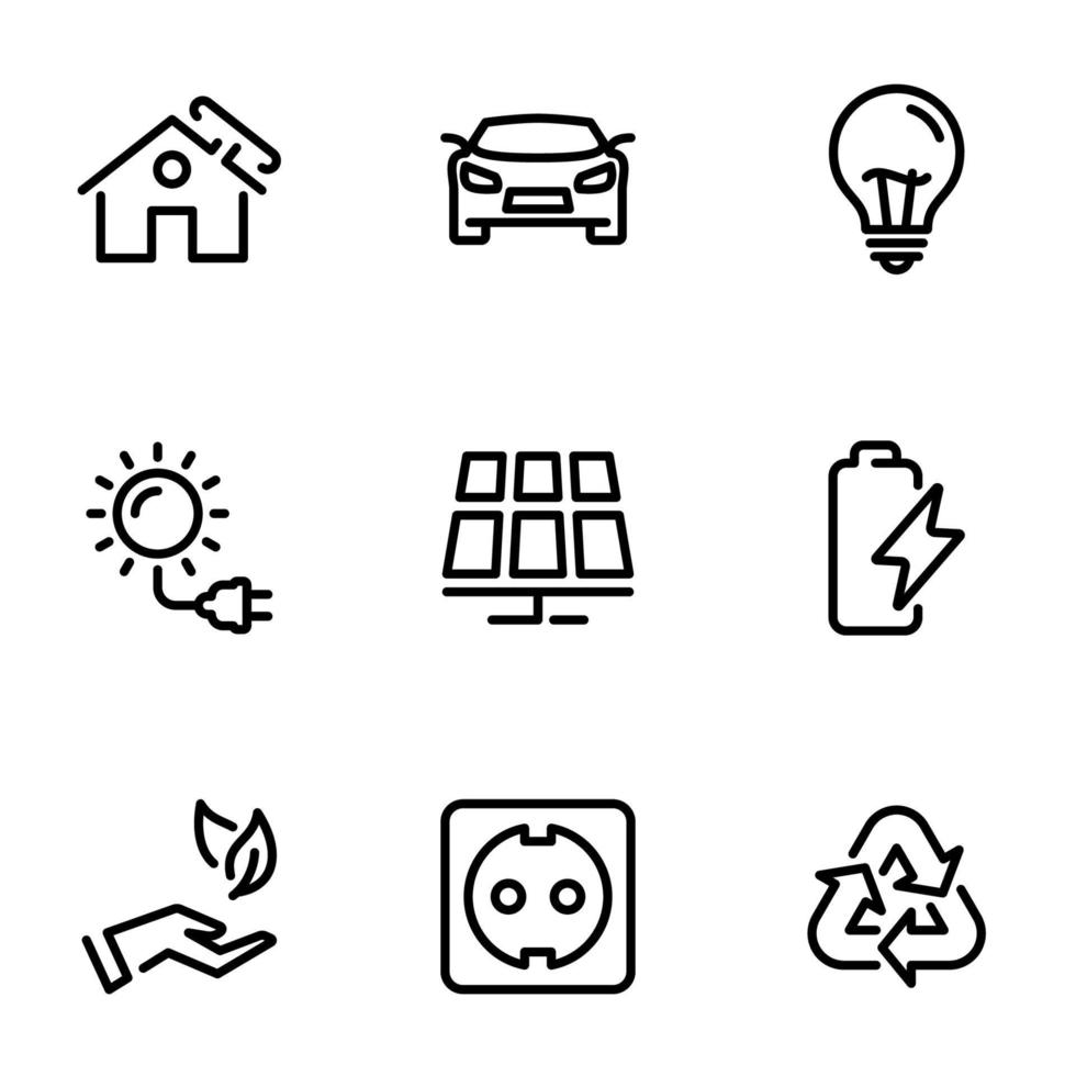 Set of black vector icons, isolated on white background, on theme Solar energy