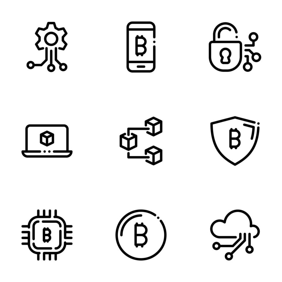 Set of black icons isolated on white background, on theme Blockchain technology vector