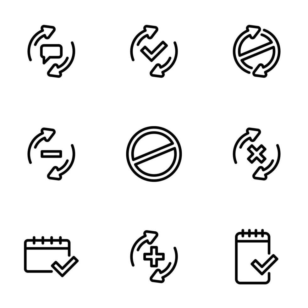 Set of black icons isolated on white background, on theme Check mark, line style vector