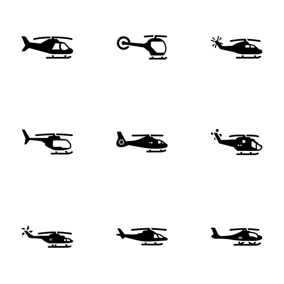 conjunto de iconos negros aislados en fondo blanco, en helicóptero temático vector
