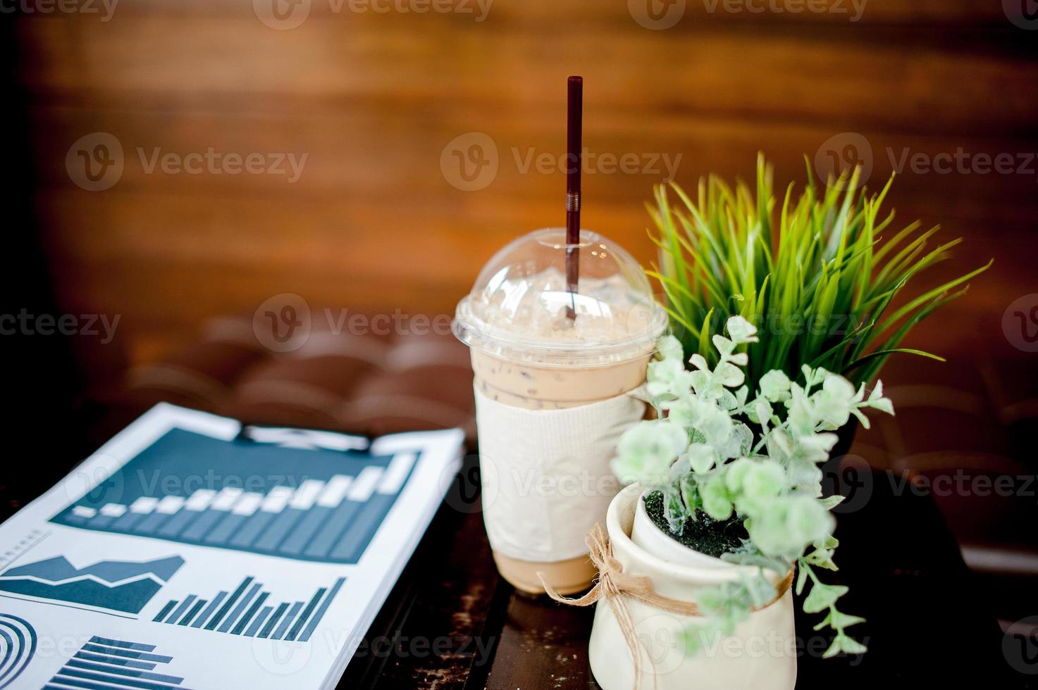 Work area Top desk with laptop Worksheet and Coffee And there is space for copy. photo