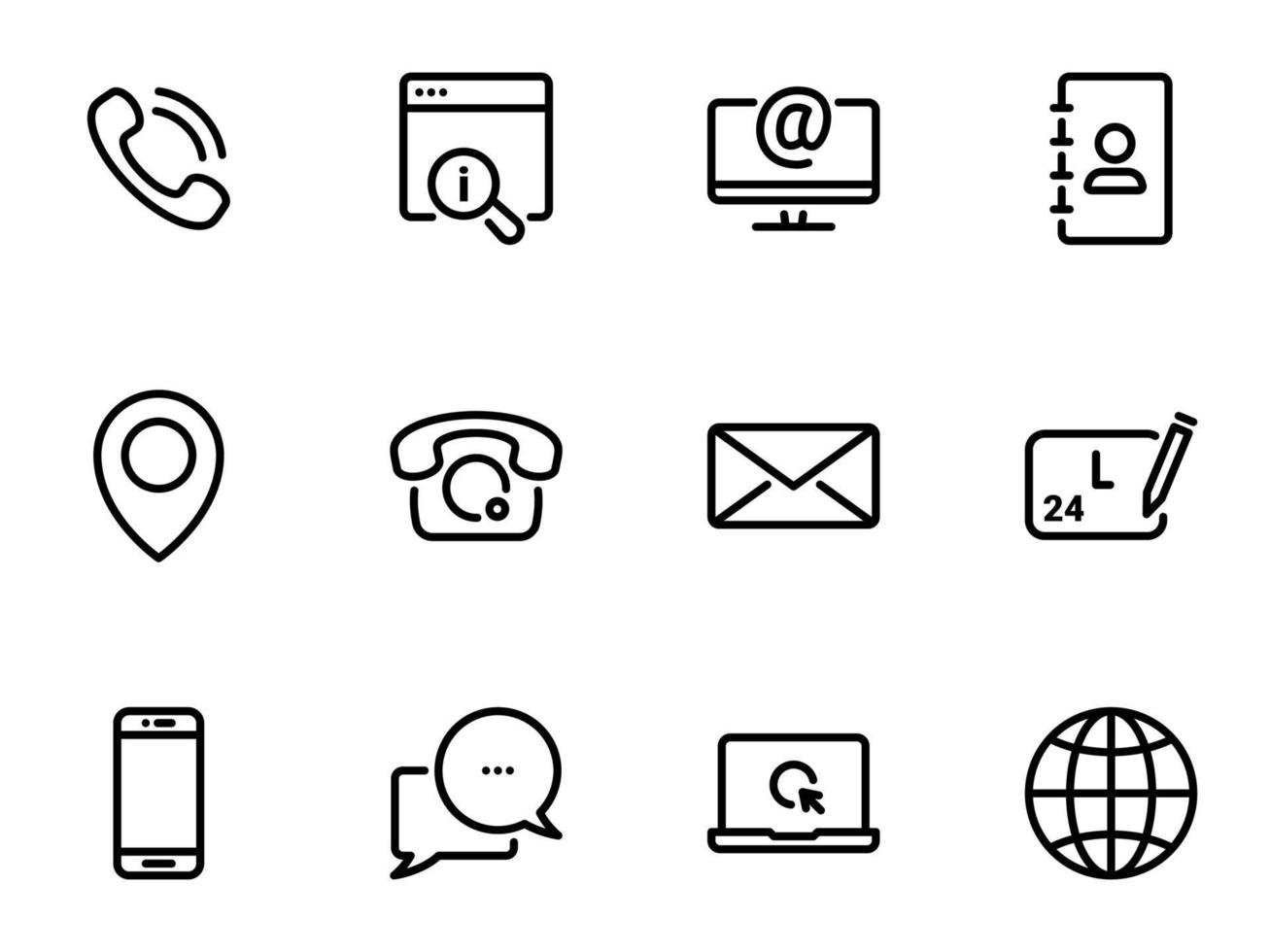 conjunto de iconos de vector negro, aislado sobre fondo blanco. ilustración sobre un tema contáctenos