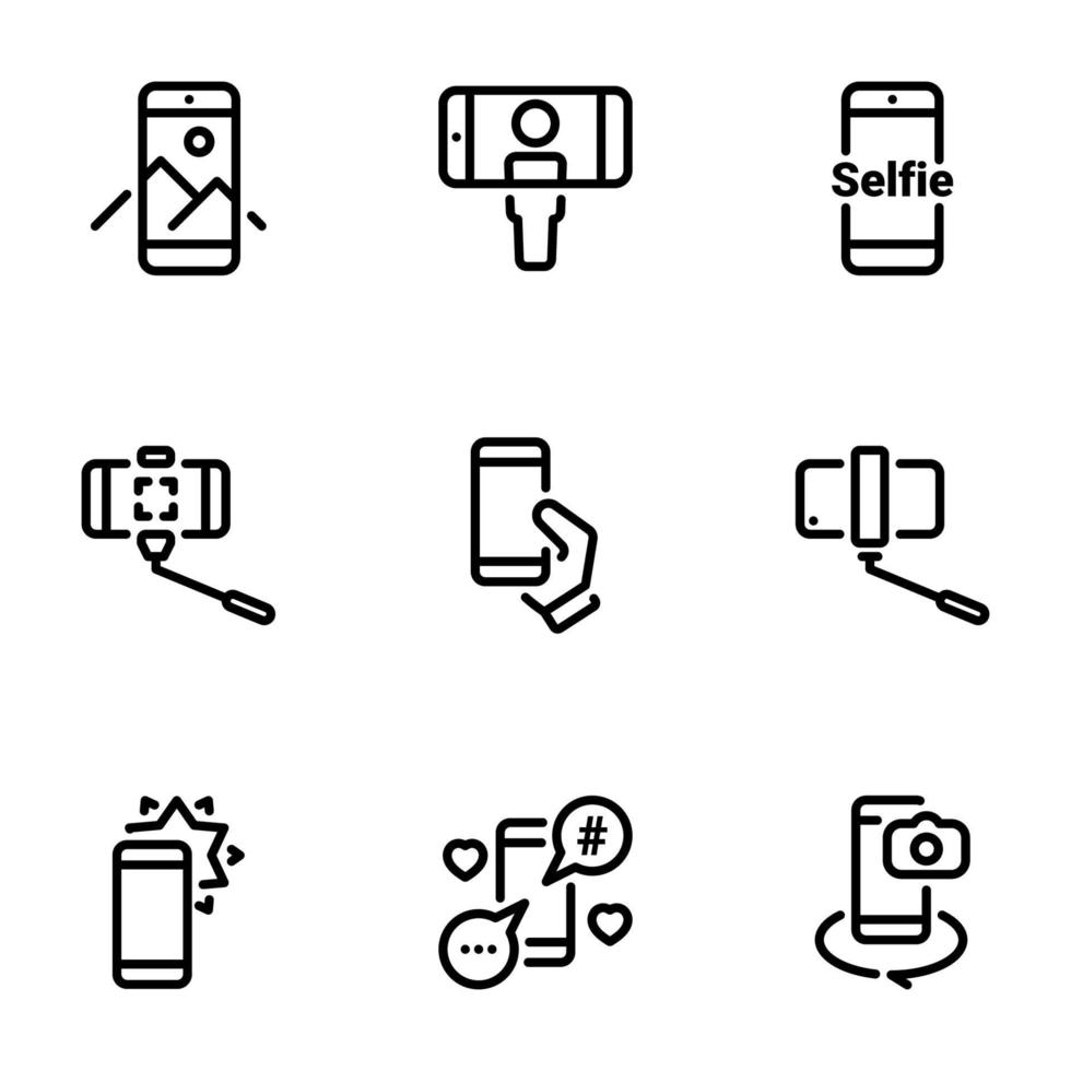 Set of black vector icons, isolated against white background. Illustration on a theme Selfie