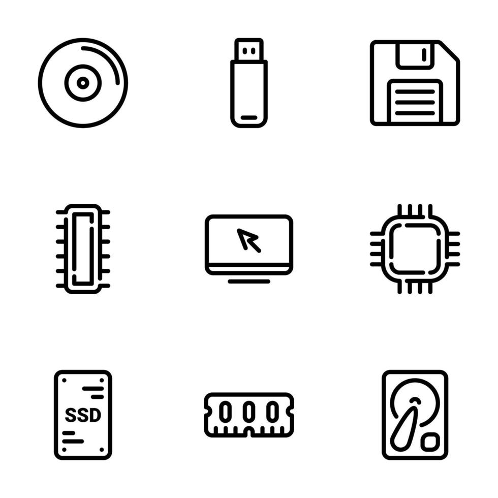 conjunto de iconos vectoriales negros, aislados en fondo blanco, en la memoria de la computadora temática vector